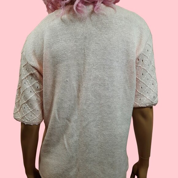 Vintage 80s Pastel Pink Sweater Beaded Floral Short Sleeve Cotton Ramie Size M - Picture 7 of 8